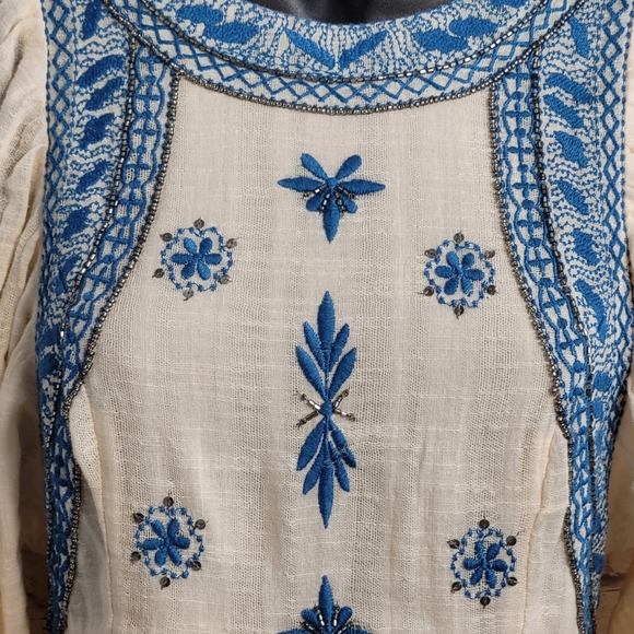 FREE PEOPLE XS Bali Birdie Long Sleeve Embroidered Peasant Tie/Open Back Tunic - Picture 5 of 11